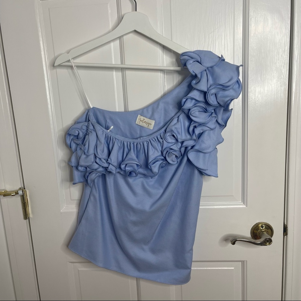 Petersyn Arabella Ruffled One Shoulder Light Blue & White Stripe Blouse Top - Picture 4 of 10